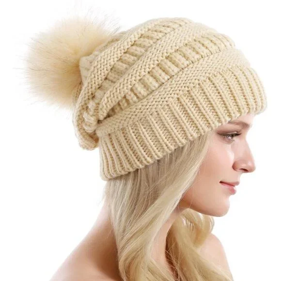 Women's Beige 100% Acrylic Cable Knit Beanie Faux Fur Winter Warm Slouchy Hat - Picture 4 of 6